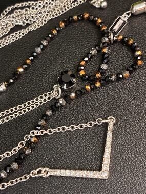 Layered Necklace Chains Metal/Plastic Beads Long Black Clear Silver Tone 17”